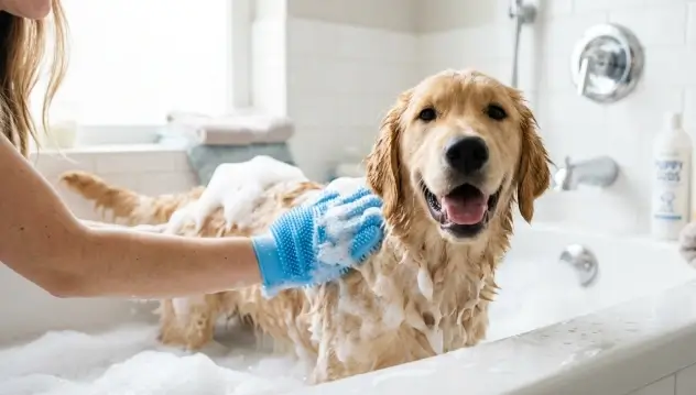Dog wearing a purple Happy Hoodie for noise reduction and sensory decompression during drying