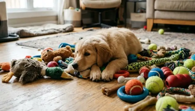Bored golden retriever puppy ignoring a floor cluttered with too many dog toys