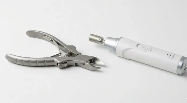Modern electric dog nail grinder with diamond bit next to traditional plier-style clippers