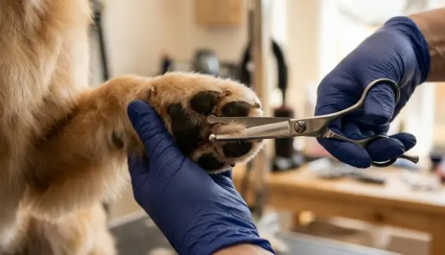 Rounded-tip safety shears trimming fur between dog paw pads safely
