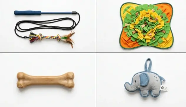 Minimalist setup showing only three types of dog toys on a rug to maintain focus