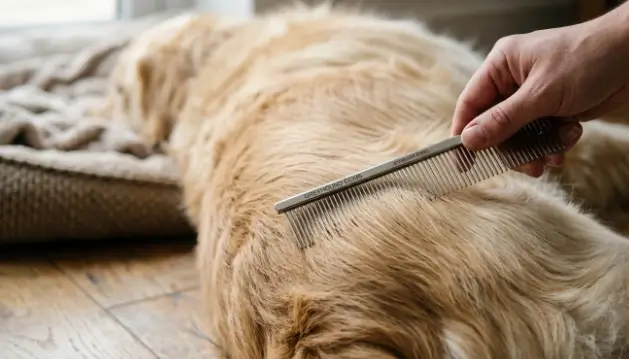 Stainless steel greyhound comb being used for line combing technique on long dog fur
