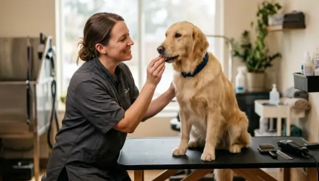 Dog receiving treats near grooming clippers to lower sensory threshold
