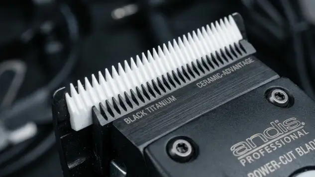 Close-up of titanium and ceramic blades in best dog grooming kits for beginners