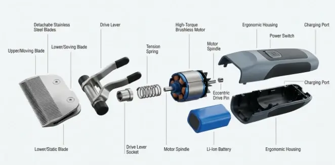 Exploded view diagram of professional dog clipper anatomy showing internal motor and drive lever
