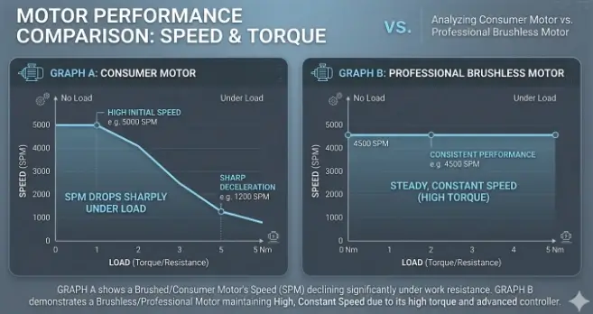 Graph comparing constant speed and torque in professional brushless motors versus consumer models