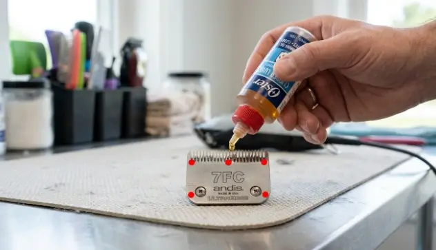 Infographic showing the professional 5-point lubrication protocol for dog clipper blades