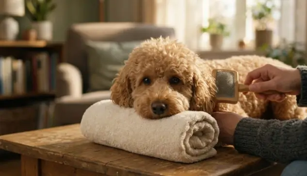 Dog providing consent through a chin rest behavior during cooperative care grooming