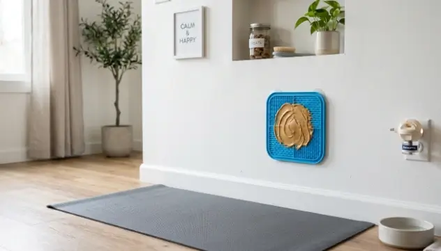 Optimized Zen grooming zone with non-slip mat and lick mat for dog stress relief
