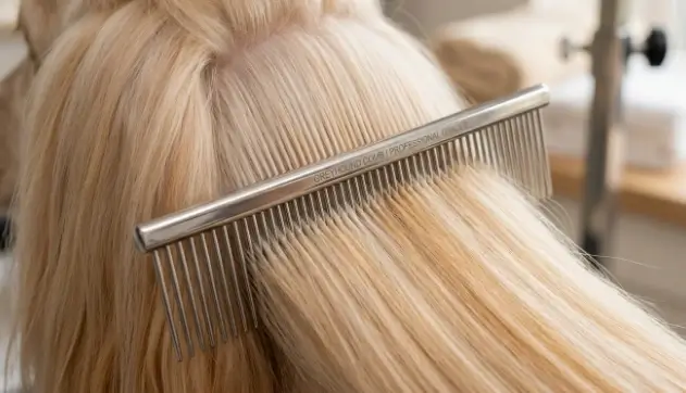 Stainless steel greyhound comb performing an integrity audit on a brushed dog coat