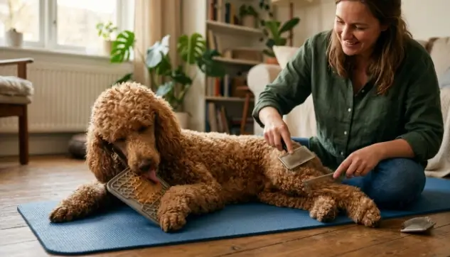 Dog in lateral recumbency receiving treats during a stress-free line-brushing session