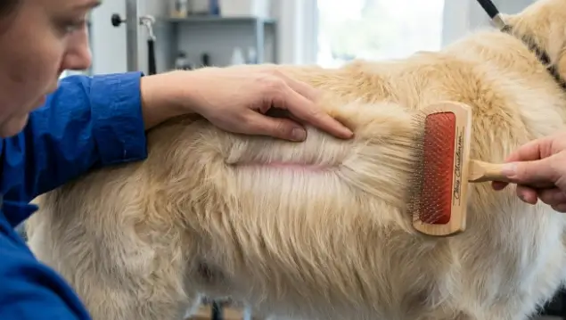Professional line-brushing technique exposing the dog's skin for deep coat maintenance