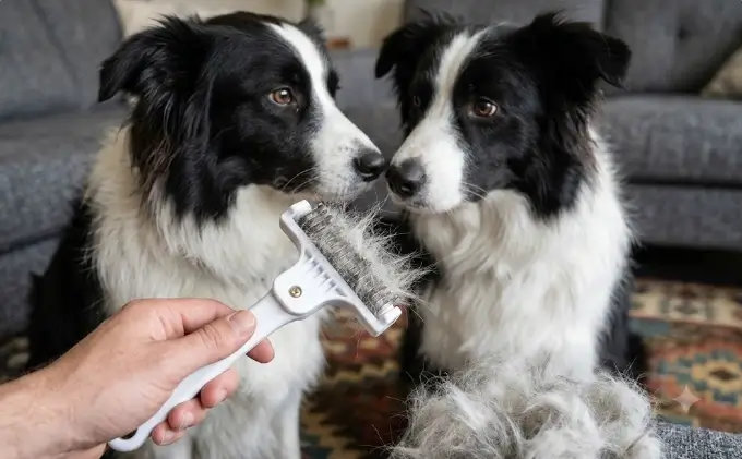 Hands-on test demonstrating Andis deshedding tool pulling out dense dead undercoat from a large dog fur
