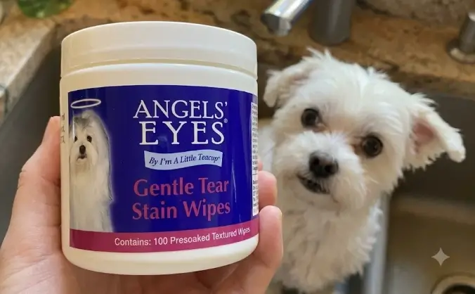 Angels' Eyes Gentle Tear Stain Wipes packaging container and round pre-soaked pads