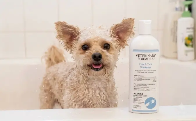 Veterinary Formula Clinical Care Antiparasitic and Antiseborrheic Medicated Dog Shampoo bottle displaying active medical ingredients