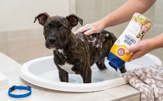 Arm and Hammer Super Deodorizing Kiwi Blossom dog shampoo 20 ounce bottle packaging layout