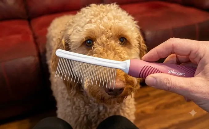 Dual-length stainless steel teeth pet comb showing the alternating rows of long and short metal pins