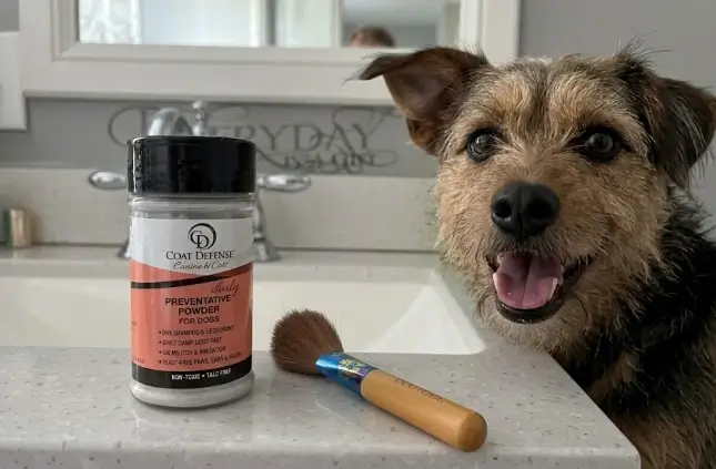 Coat Defense Daily Preventative Dog Powder 3.5oz container overview, US-made waterless deodorizer