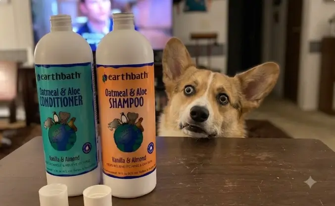 Earthbath Oatmeal and Aloe Dog Shampoo and Conditioner Vanilla and Almond set product packaging presentation