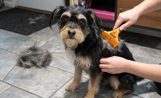 FURminator Undercoat deShedding Tool for large long hair dogs packaging and ergonomic rubberized handle