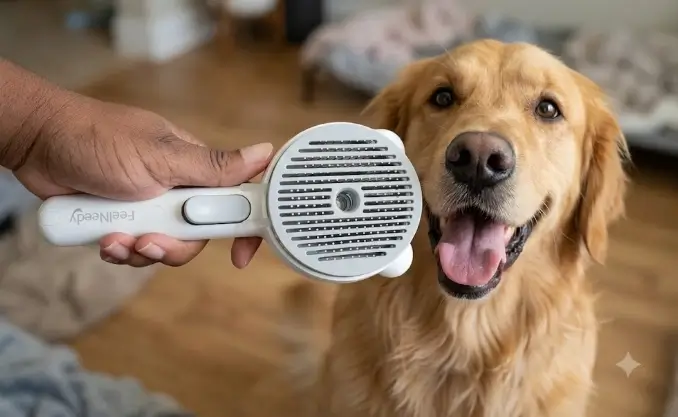 FeelNeedy Pet Steam Brush premium retail box and core ergonomic handle layout