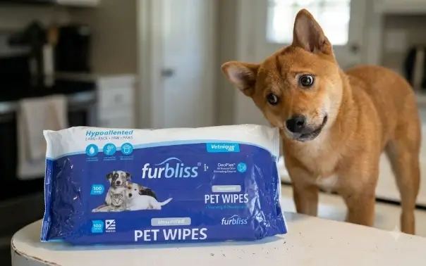 Furbliss Hygienic Pet Wipes 100 count container package with heavy duty plastic lid