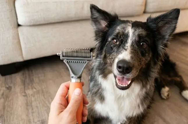 GoPets 2 sided professional grooming rake showcasing its asymmetric stainless steel teeth and thick gel handle