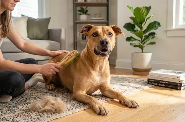 Real-world application of HOP Home of Paws brush generating dense soap lather on a dog during bath time