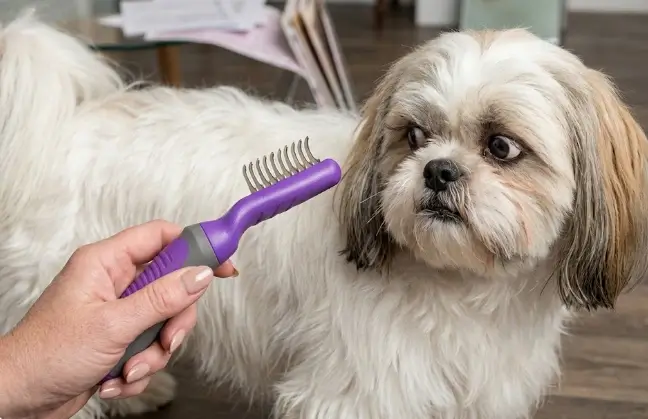 Real-world testing of the Hertzko undercoat rake extracting loose dead hair smoothly from a dog