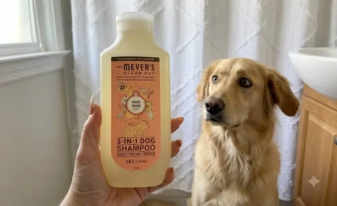 Mrs Meyer's Clean Day 3 in 1 Dog Shampoo White Peach Scent 14oz bottle presentation