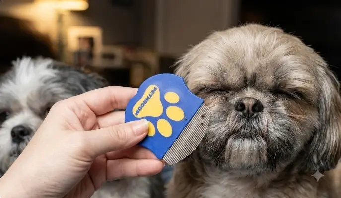 Real-world trial of PETHROOM eye comb safely extracting dried tear crust from a pet's face