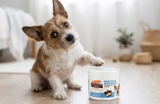 Applying fragrance-free paw balm to dog dry paws for hyperkeratosis treatment