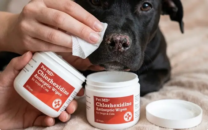 Pet MD Chlorhexidine Wipes canister packaging showing the veterinary formula label