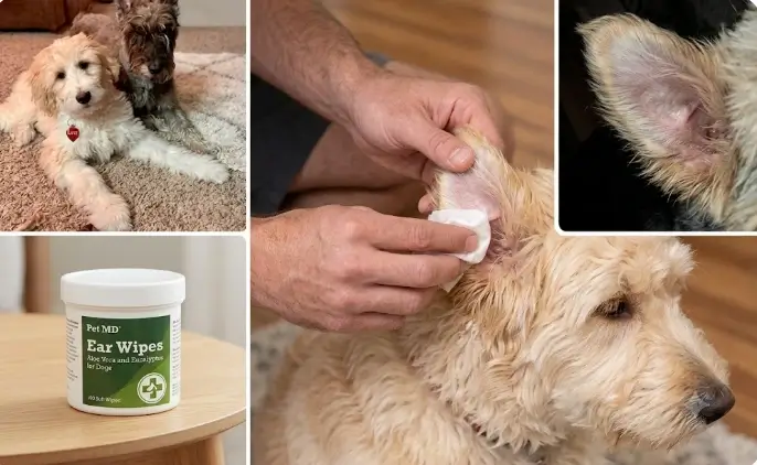 Pet MD Dog Ear Cleaner Wipes round plastic jar packaging display panel