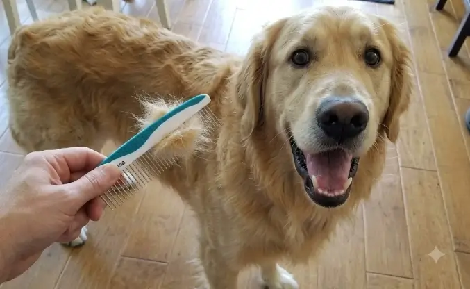 Piepea Pet Grooming Comb focusing on the integrated soft ergonomic rubber grip insert