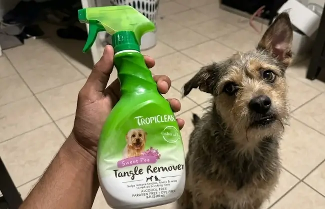 TropiClean Tangle Remover spray bottle featuring the fine mist nozzle for even application on pet coats