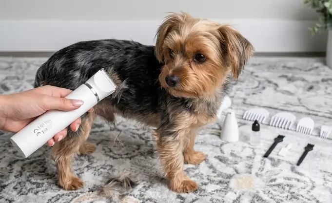 Veeconn 4-in-1 pet grooming kit unboxing showing the rechargeable base and four interchangeable heads