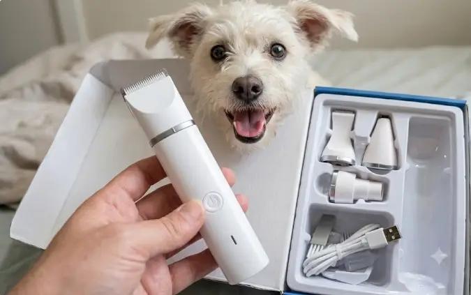 Veeconn Dog Clippers Grooming Kit 4-in-1 tool packaging and modular attachment heads presentation