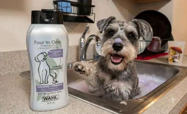 Wahl 4 in 1 dog shampoo clear gel liquid pouring out showcasing high concentration texture