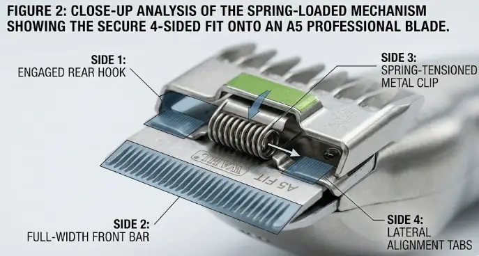 Close up mechanism of Wahl stainless steel attachment comb spring loaded clip latch