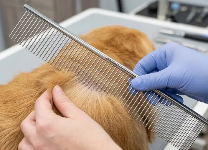 Demonstration of the 45-degree dermal audit method using Andis steel pet comb on dog coat