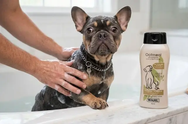 Massaging therapeutic oatmeal shampoo into a dog's coat to soothe skin inflammation
