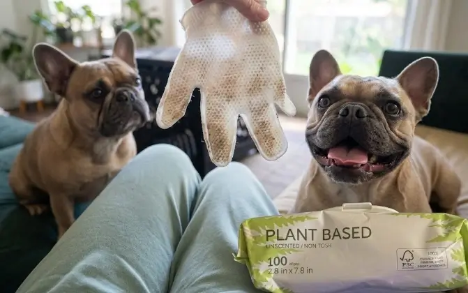 Cleaning muddy dog paw pads safely using a soft plant-based cellulose wipe sheet