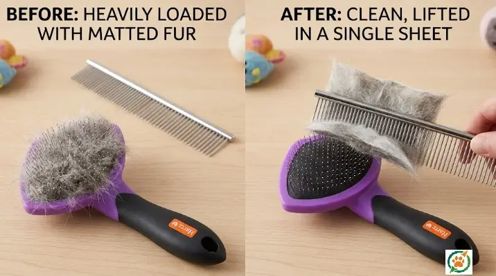 Real-world testing of Hartz small slicker brush on longhair cat and toy poodle coat matrices