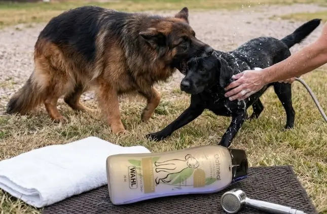 Lathering colloidal oatmeal shampoo safely into a dog's irritated belly skin barrier