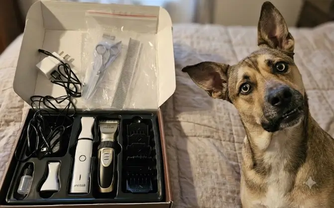 Oneisall Dog Clippers and Paw Trimmer Kit unboxing with dual trimmers and complete accessories bundle