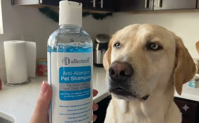 Allertech Anti-Allergen Pet Shampoo 16-oz bottle packaging layout and clinical design review