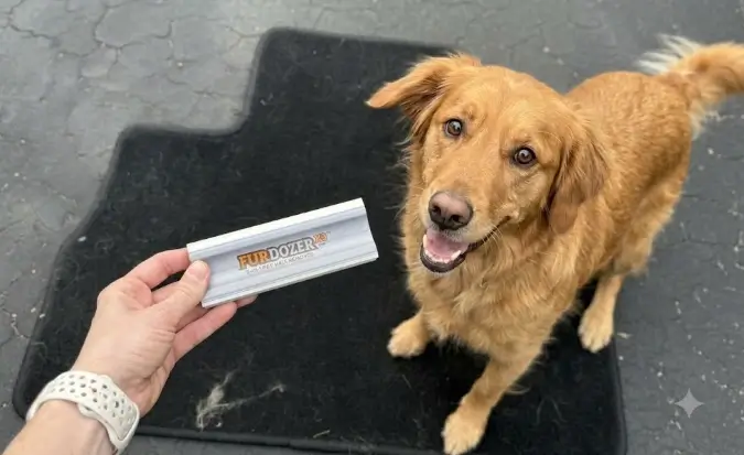 FurDozer Pet Hair Remover Review - Hands-On Test Maya Mai testing the FurDozer Pet Hair Remover on an embedded dog fur car carpet