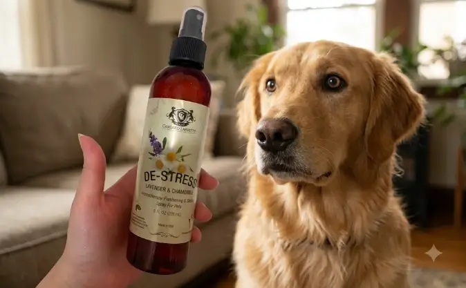 Testing Gerrard Larriett Spray Calming Effects Applying Gerrard Larriett Calming Spray during a dog grooming session
