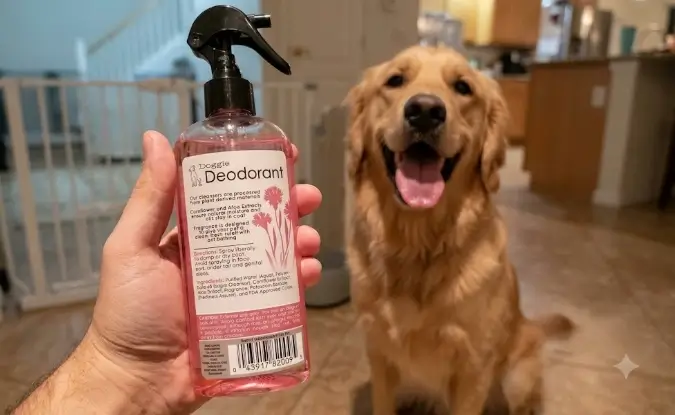 Natural Doggie Deodorant Powder shaker bottle on a clean surface